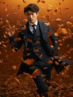 photo of emotional dynamic pose Asian man in autumn AI Generative