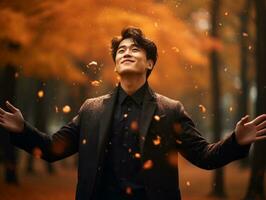 photo of emotional dynamic pose Asian man in autumn AI Generative