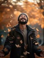 photo of emotional dynamic pose Asian man in autumn AI Generative