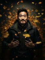 photo of emotional dynamic pose Asian man in autumn AI Generative