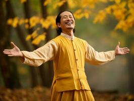 photo of emotional dynamic pose Asian man in autumn AI Generative