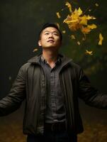 photo of emotional dynamic pose Asian man in autumn AI Generative