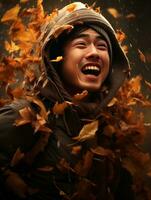 photo of emotional dynamic pose Asian man in autumn AI Generative