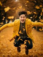 photo of emotional dynamic pose Asian man in autumn AI Generative