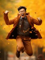 photo of emotional dynamic pose Asian man in autumn AI Generative