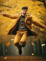 photo of emotional dynamic pose Asian man in autumn AI Generative