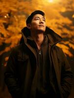 photo of emotional dynamic pose Asian man in autumn AI Generative