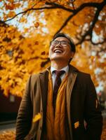 foto de emocional dinámica actitud asiático hombre en otoño ai generativo