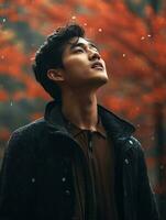 photo of emotional dynamic pose Asian man in autumn AI Generative