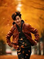 photo of emotional dynamic pose Asian man in autumn AI Generative