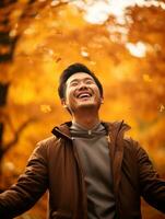 photo of emotional dynamic pose Asian man in autumn AI Generative