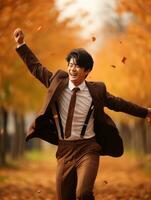 photo of emotional dynamic pose Asian man in autumn AI Generative