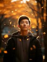 photo of emotional dynamic pose Asian man in autumn AI Generative