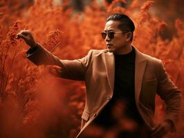 photo of emotional dynamic pose Asian man in autumn AI Generative