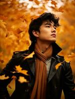 photo of emotional dynamic pose Asian man in autumn AI Generative