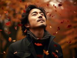 photo of emotional dynamic pose Asian man in autumn AI Generative