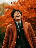 photo of emotional dynamic pose Asian man in autumn AI Generative