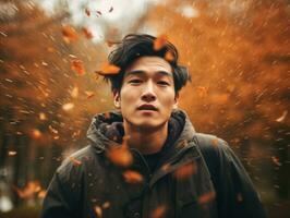 photo of emotional dynamic pose Asian man in autumn AI Generative