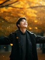 photo of emotional dynamic pose Asian man in autumn AI Generative