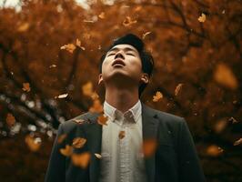 photo of emotional dynamic pose Asian man in autumn AI Generative