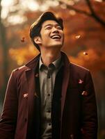 photo of emotional dynamic pose Asian man in autumn AI Generative