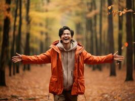 photo of emotional dynamic pose Asian man in autumn AI Generative