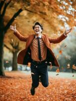 photo of emotional dynamic pose Asian man in autumn AI Generative