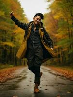 photo of emotional dynamic pose Asian man in autumn AI Generative