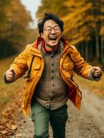photo of emotional dynamic pose Asian man in autumn AI Generative