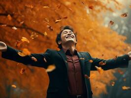 photo of emotional dynamic pose Asian man in autumn AI Generative