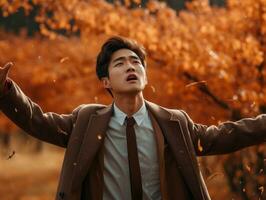 photo of emotional dynamic pose Asian man in autumn AI Generative