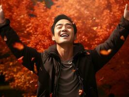 photo of emotional dynamic pose Asian man in autumn AI Generative