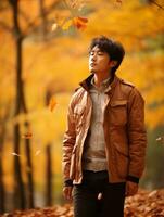 photo of emotional dynamic pose Asian man in autumn AI Generative