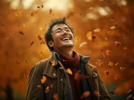 photo of emotional dynamic pose Asian man in autumn AI Generative