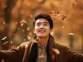 photo of emotional dynamic pose Asian man in autumn AI Generative