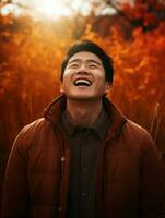 photo of emotional dynamic pose Asian man in autumn AI Generative