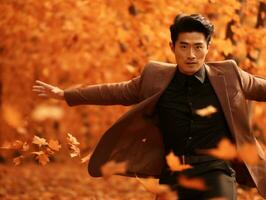 photo of emotional dynamic pose Asian man in autumn AI Generative