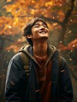 photo of emotional dynamic pose Asian man in autumn AI Generative