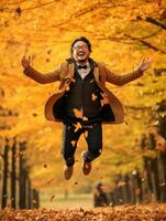 photo of emotional dynamic pose Asian man in autumn AI Generative