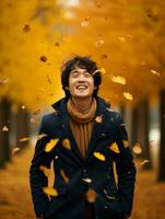 photo of emotional dynamic pose Asian man in autumn AI Generative