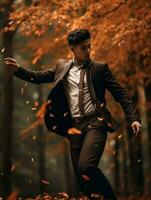 photo of emotional dynamic pose Asian man in autumn AI Generative