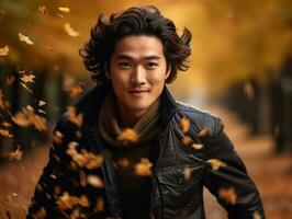 photo of emotional dynamic pose Asian man in autumn AI Generative