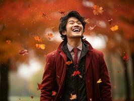 photo of emotional dynamic pose Asian man in autumn AI Generative