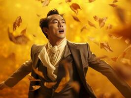 photo of emotional dynamic pose Asian man in autumn AI Generative