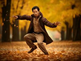 photo of emotional dynamic pose Asian man in autumn AI Generative