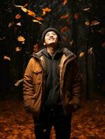 photo of emotional dynamic pose Asian man in autumn AI Generative