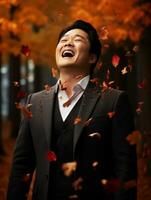 photo of emotional dynamic pose Asian man in autumn AI Generative