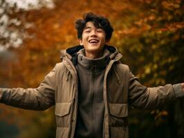 photo of emotional dynamic pose Asian man in autumn AI Generative