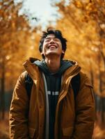 foto de emocional dinámica actitud asiático hombre en otoño ai generativo