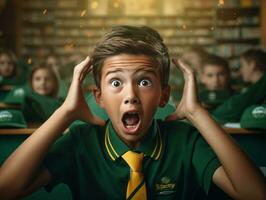 photo of emotional dynamic pose Brasilian kid in school AI Generative